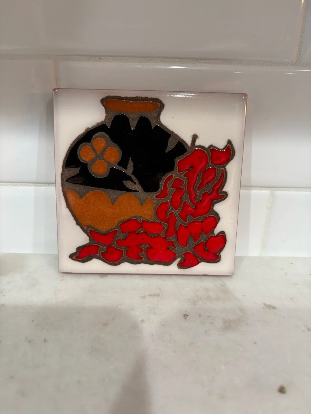 Christine Fitzgerald Design Decorative Ceramic Trivet with Red Floral Design